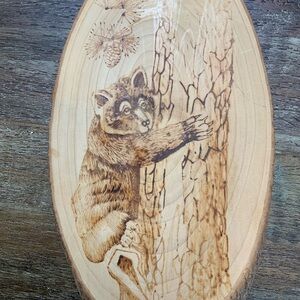 Bear climbing tree wall sculpture burn etched wood slab plaque